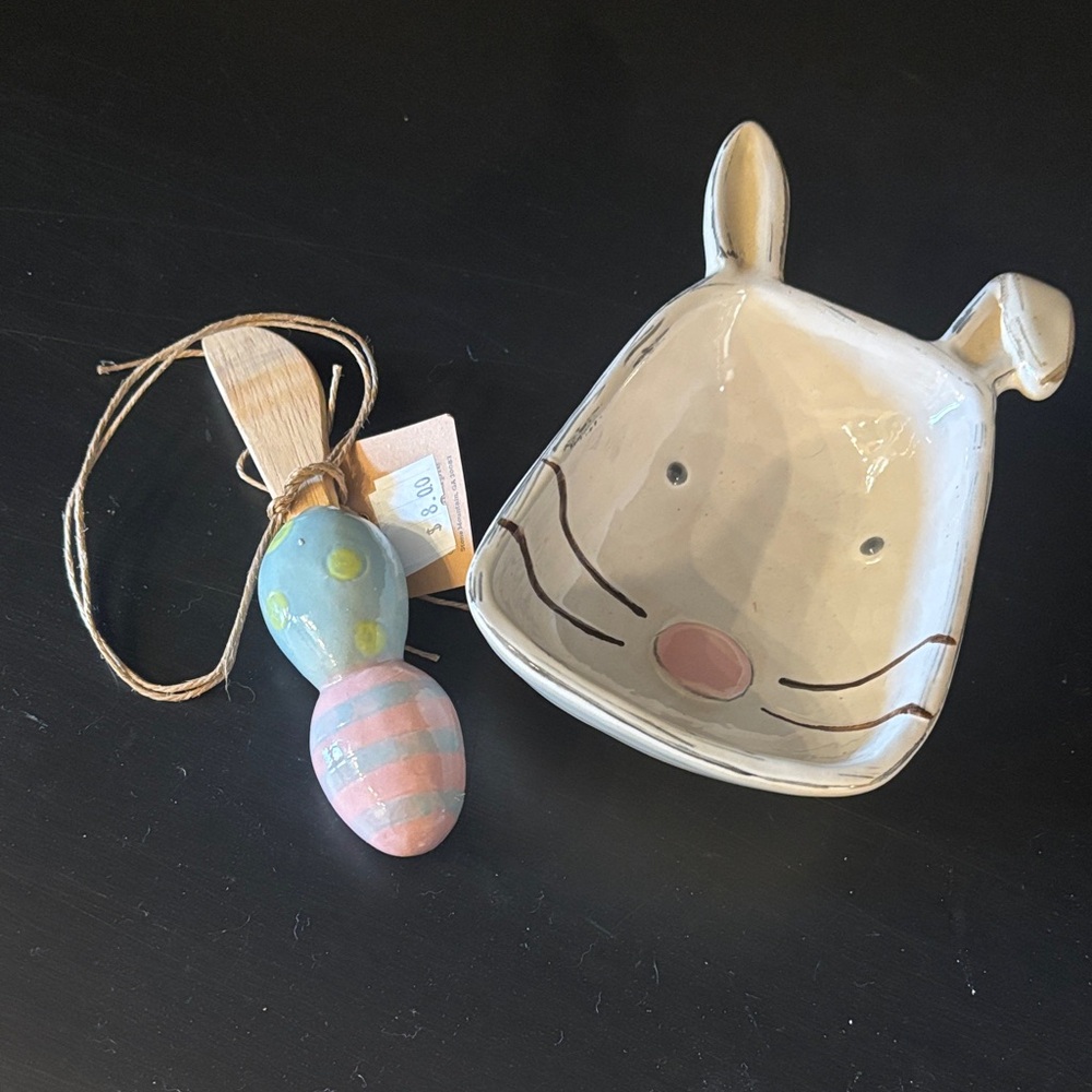 Mud Pie Bunny Ceramic Dish with Wooden Spoon - Picture 4 of 4